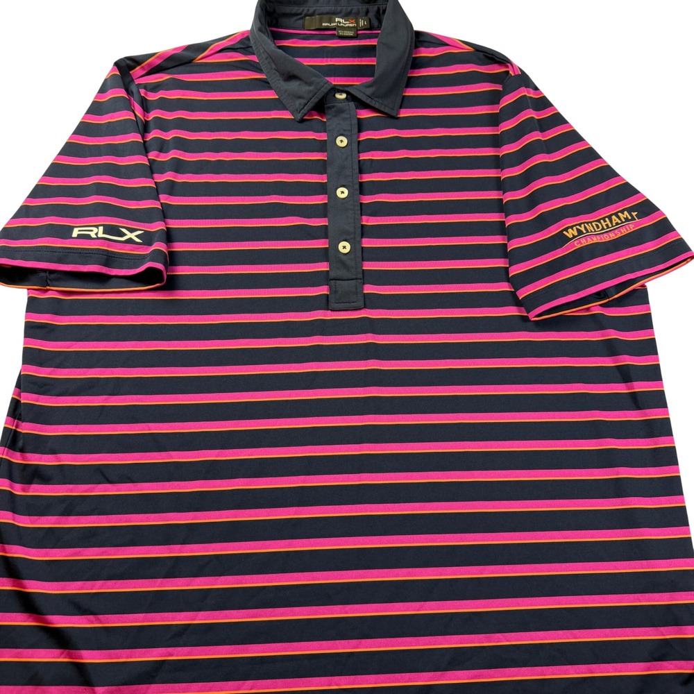 RLX Polo Shirt Mens L Navy Pink Striped Wyndham Championship Golf EUC